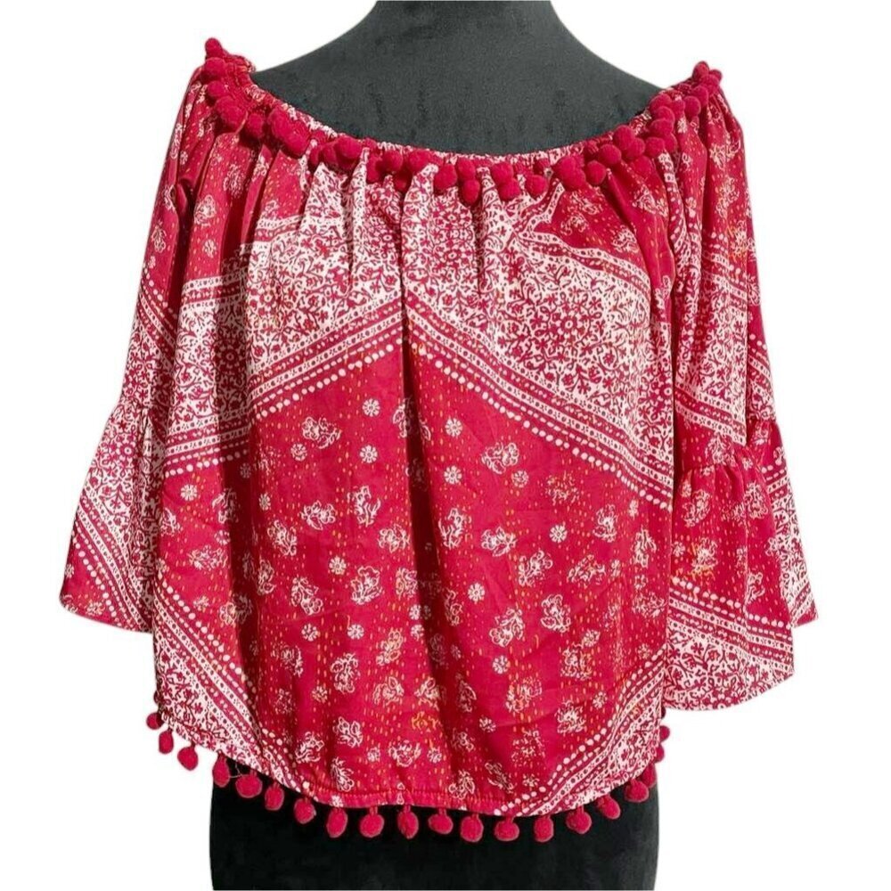 Tularosa Size Medium  Top Blouse Pom Pom Bandana Off The Shoulder